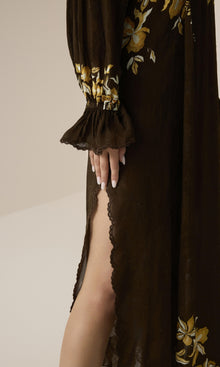 Hemant And Nandita | Bota Viscose Flower Jacquard Maxi Kaftan With Printed Slip | Brown