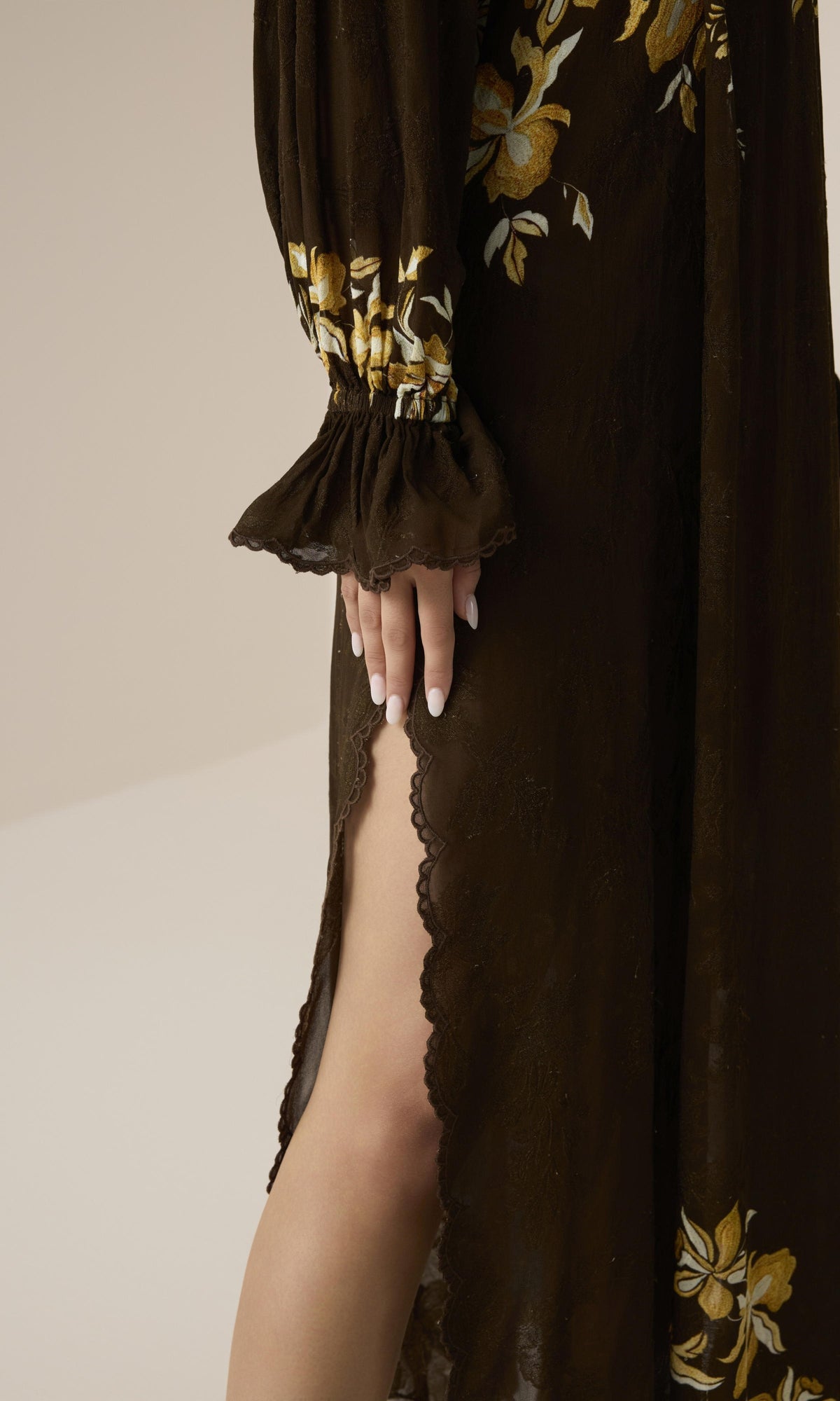Hemant And Nandita | Bota Viscose Flower Jacquard Maxi Kaftan With Printed Slip | Brown