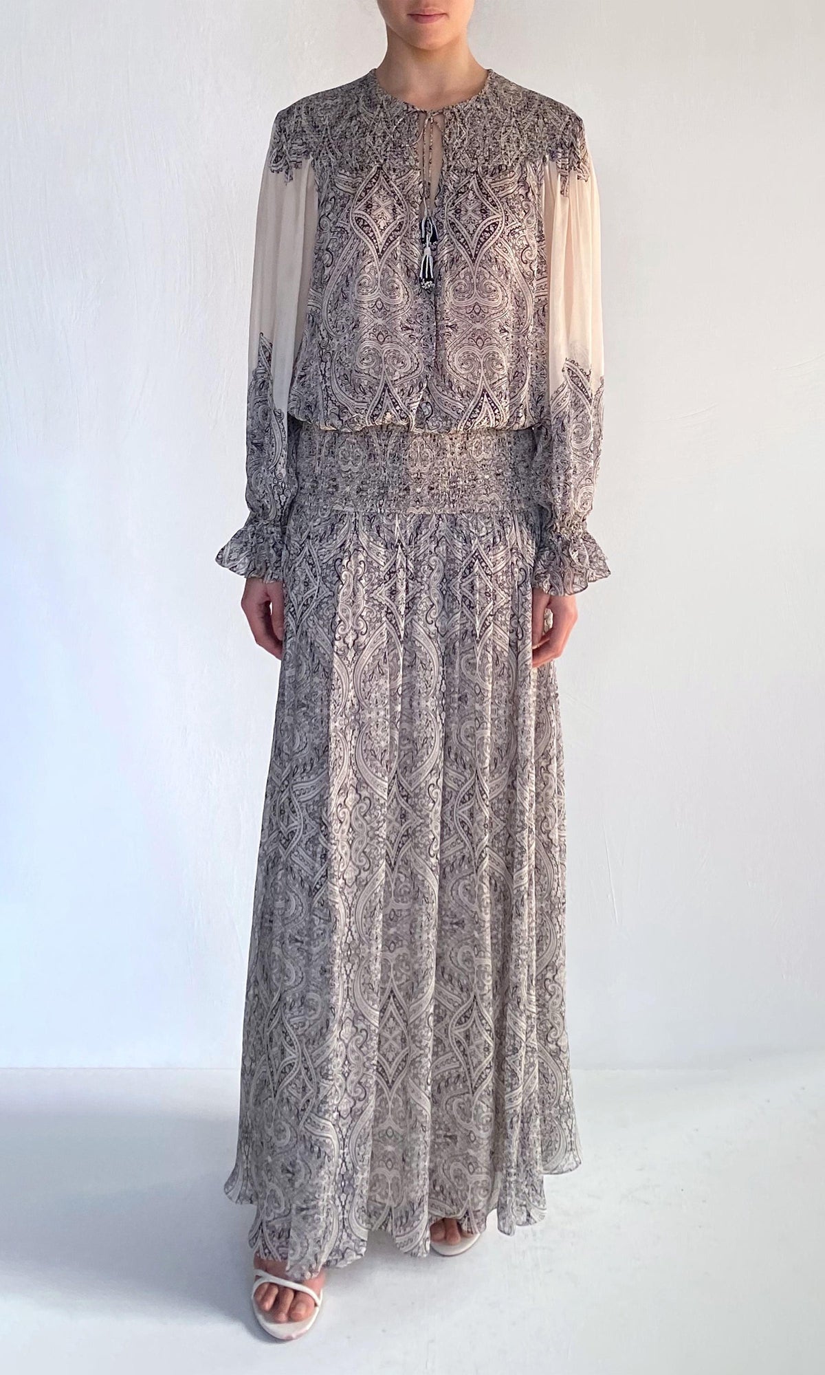 Hemant And Nandita | Chavi Viscose Flat Chiffon Smocked Detail Maxi Dress | Eggshell