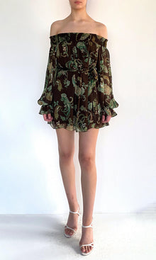 Womens | Dira Viscose Flat Chiffon Smocked Mini Dress | Dark Brown