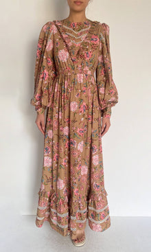 Hemant And Nandita | Fara Cotton Poplin Long Dress | Brown