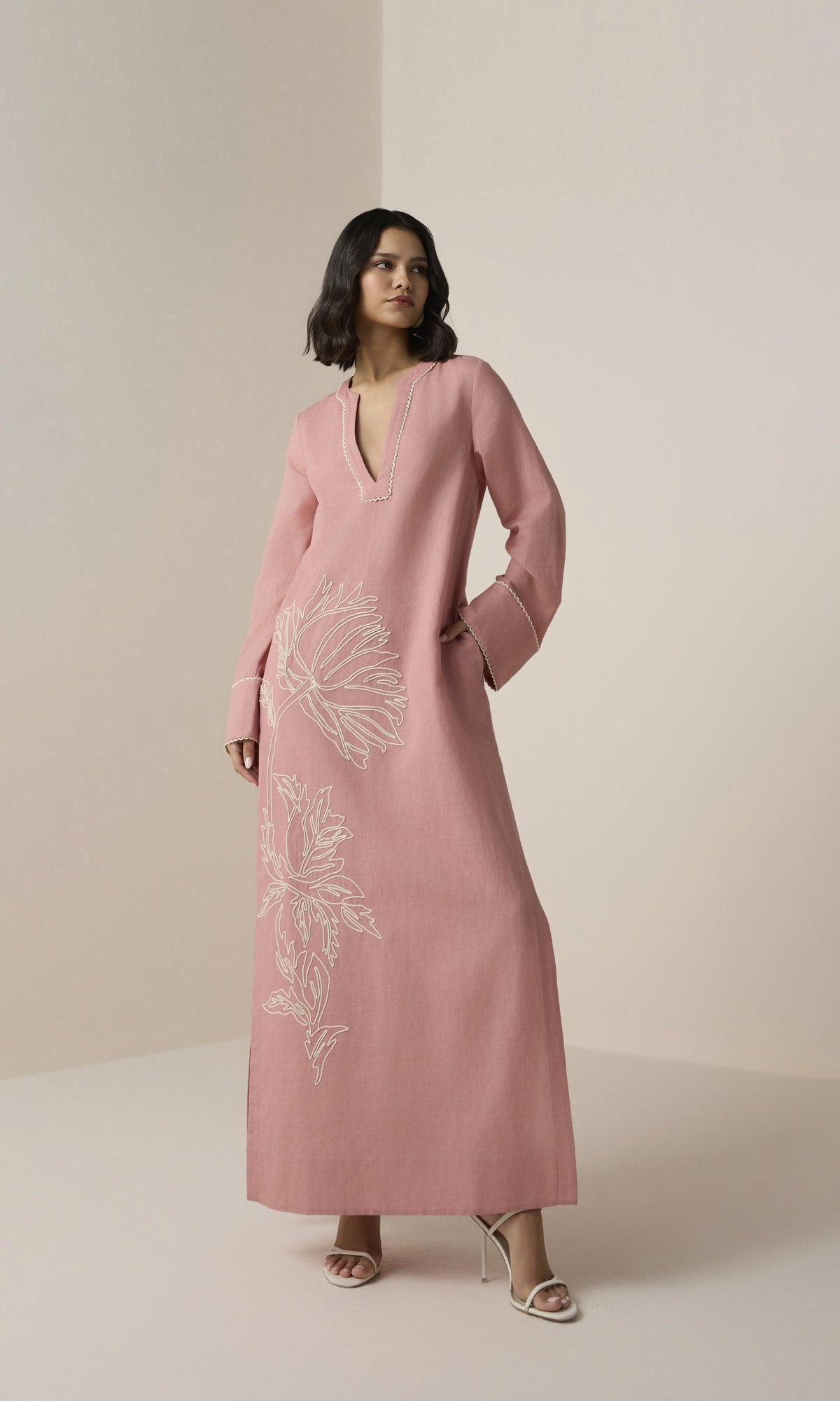 Hemant And Nandita | Gul Linen Cotton Long Kaftan | Dusty Pink