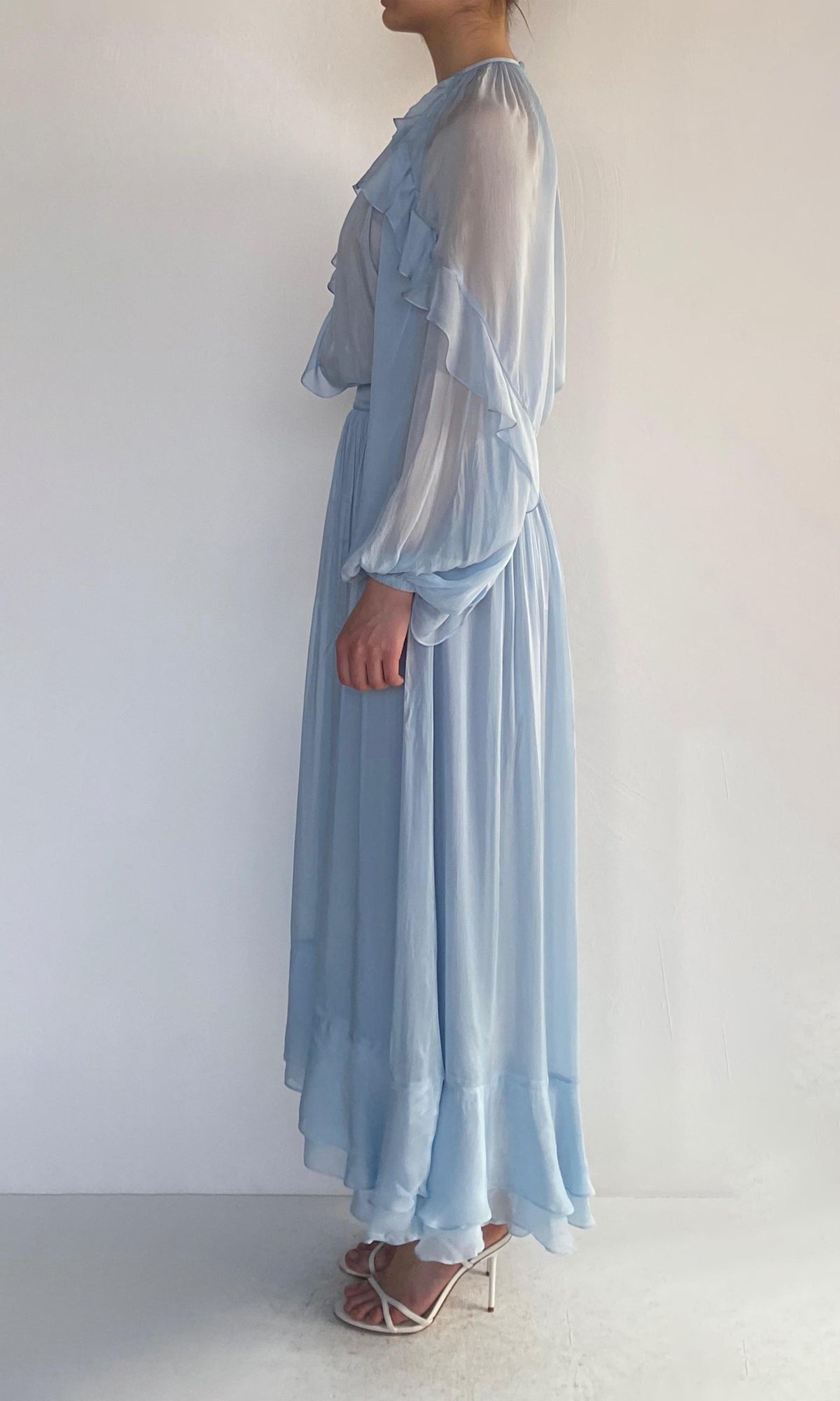 Womens | Hiya Viscose Flat Chiffon Ruffled Maxi High-Low Skirt | Powder Blue