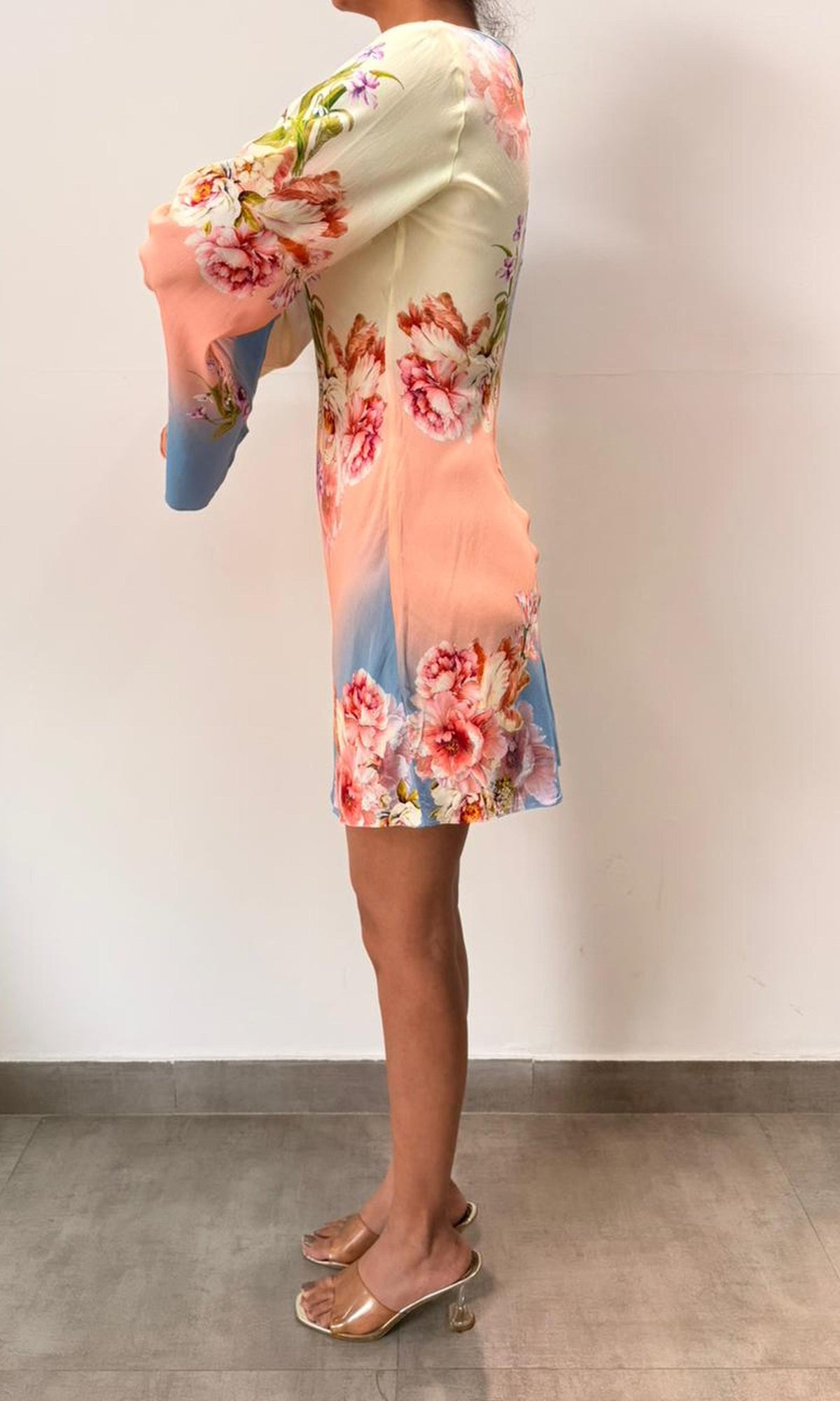 Womens | Inv Viscose Heavy Crepe Short Dress With Flared Bell Sleeves | Pink Floral