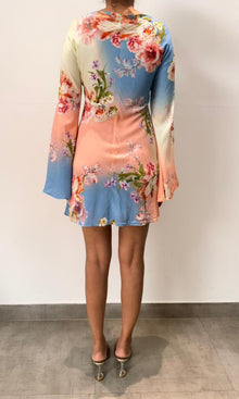 Womens | Inv Viscose Heavy Crepe Short Dress With Flared Bell Sleeves | Pink Floral