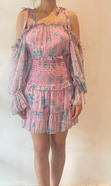 Hemant And Nandita | Inv Viscose Cold-Shoulder Neck Short Dress | Pink Multi
