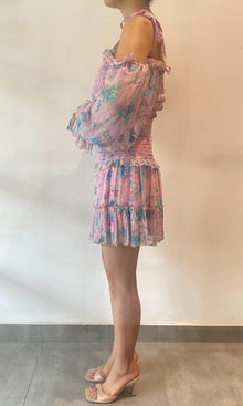 Hemant And Nandita | Inv Viscose Cold-Shoulder Neck Short Dress | Pink Multi