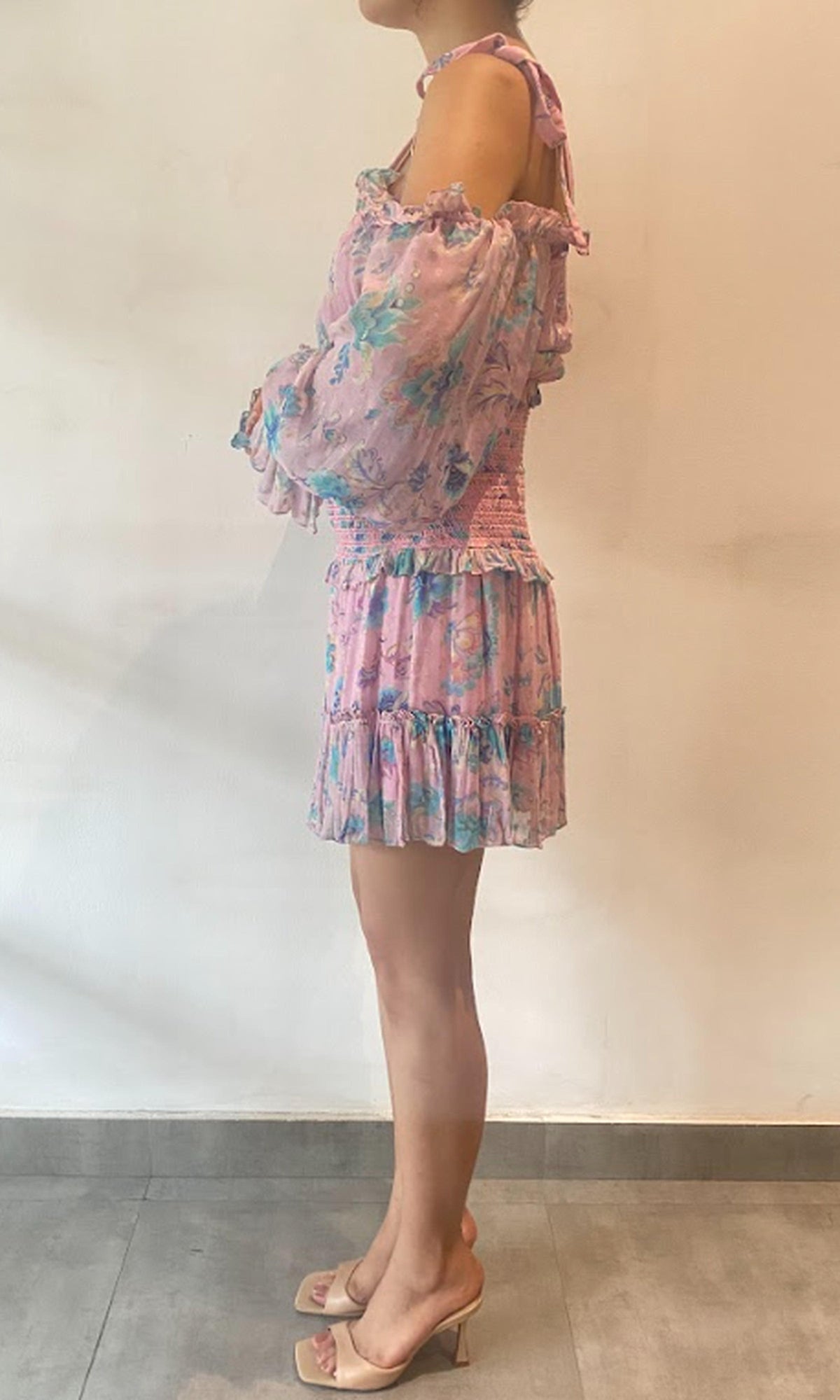 Hemant And Nandita | Inv Viscose Cold-Shoulder Neck Short Dress | Pink Multi