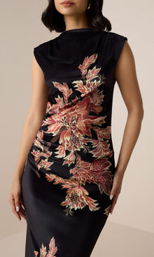 Hemant And Nandita | Johi Polyester Velvet Lycra Mock Neck Midi Dress | Black