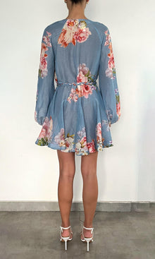 Hemant And Nandita | Kavi Viscose Organza Linen Short Dress With Tie Up Belt | Pink Blue Multi