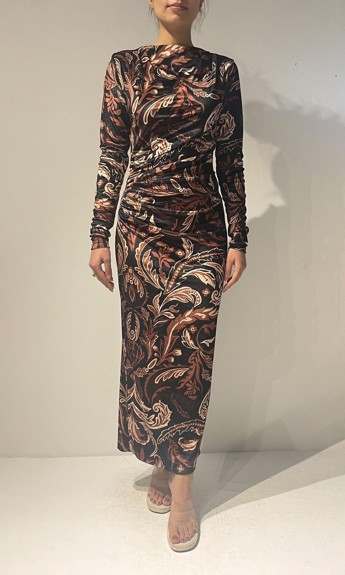 Hemant And Nandita | Lira Polyester Velvet Knit Lycra Midi Dress | Brown