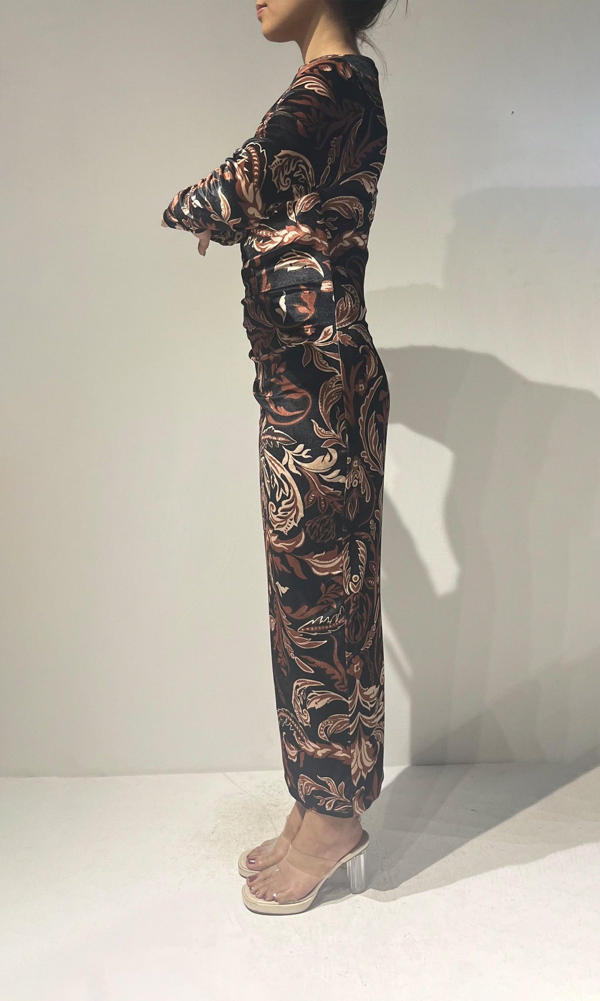 Hemant And Nandita | Lira Polyester Velvet Knit Lycra Midi Dress | Brown