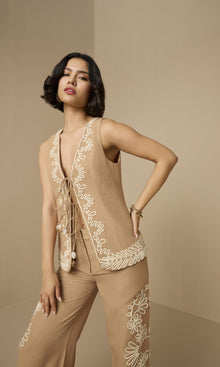 Womens | Mihi Linen Cotton Vest | Brown Off White