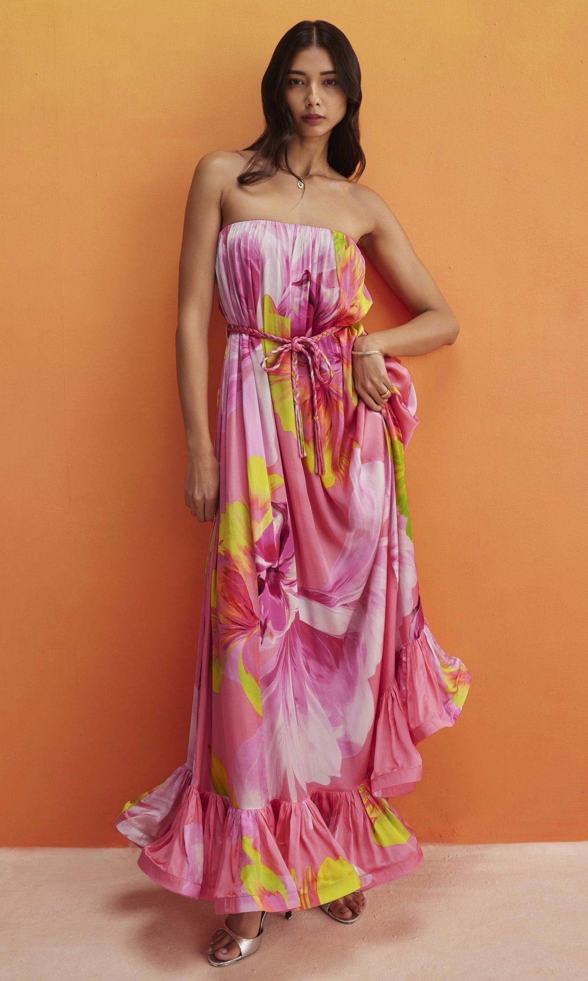 Hemant And Nandita | Mina Viscose Satin Long Dress With Braided Belt | Pink Floral