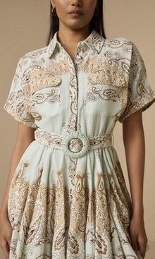 Hemant And Nandita | Navi Linen Cotton Short Dress With Tie Up Belt | Blue Brown