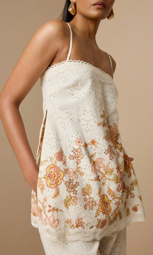 Hemant And Nandita | Niti Cotton Schiffli High Slit Top | White Floral