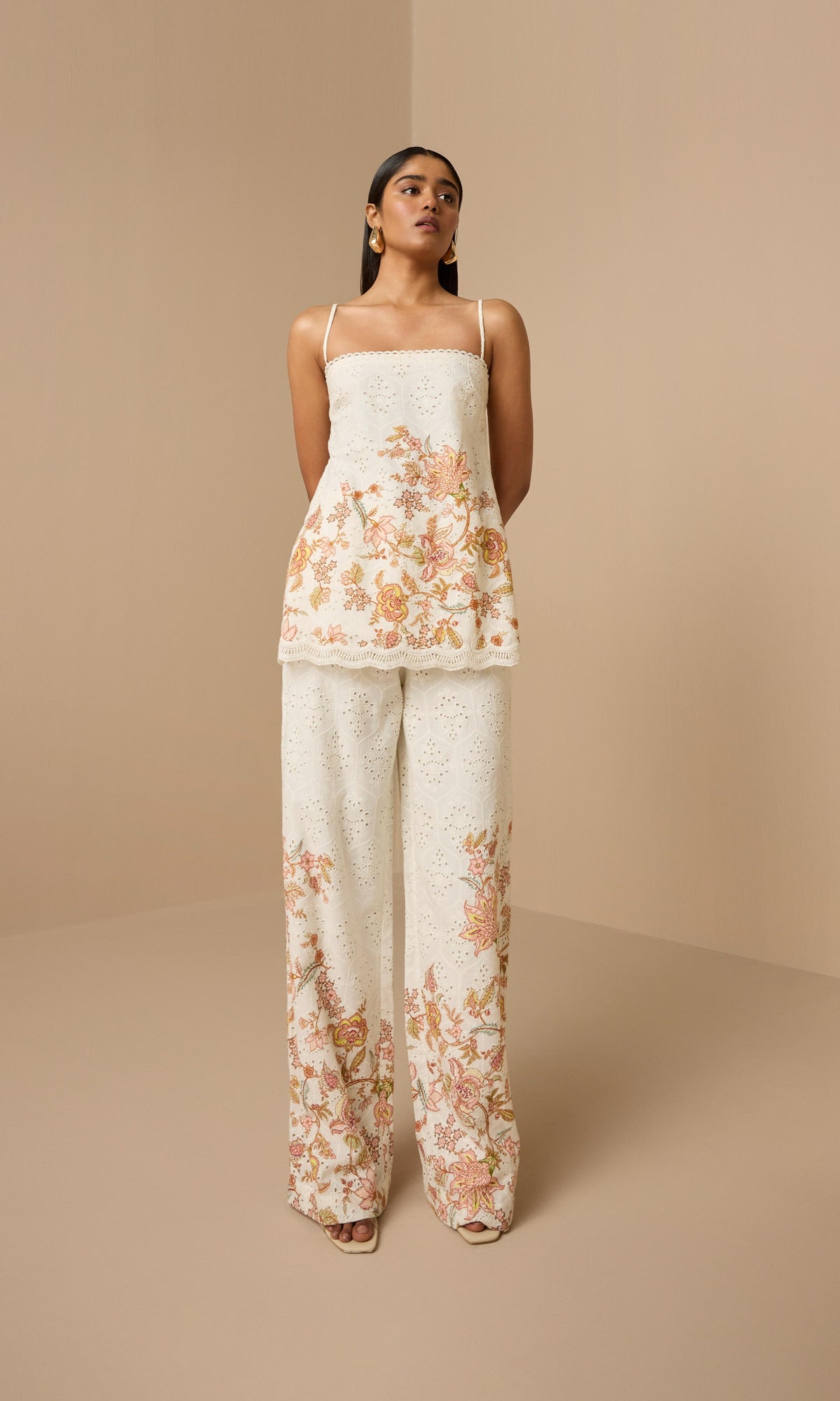 Hemant And Nandita | Niti Cotton Schiffli High Slit Top | White Floral