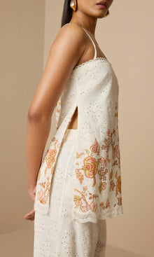 Hemant And Nandita | Niti Cotton Schiffli High Slit Top | White Floral
