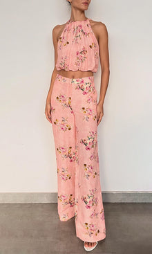 Hemant And Nandita | Niva Linen Cotton Straight Pants With Buckle Belt | Pink Floral