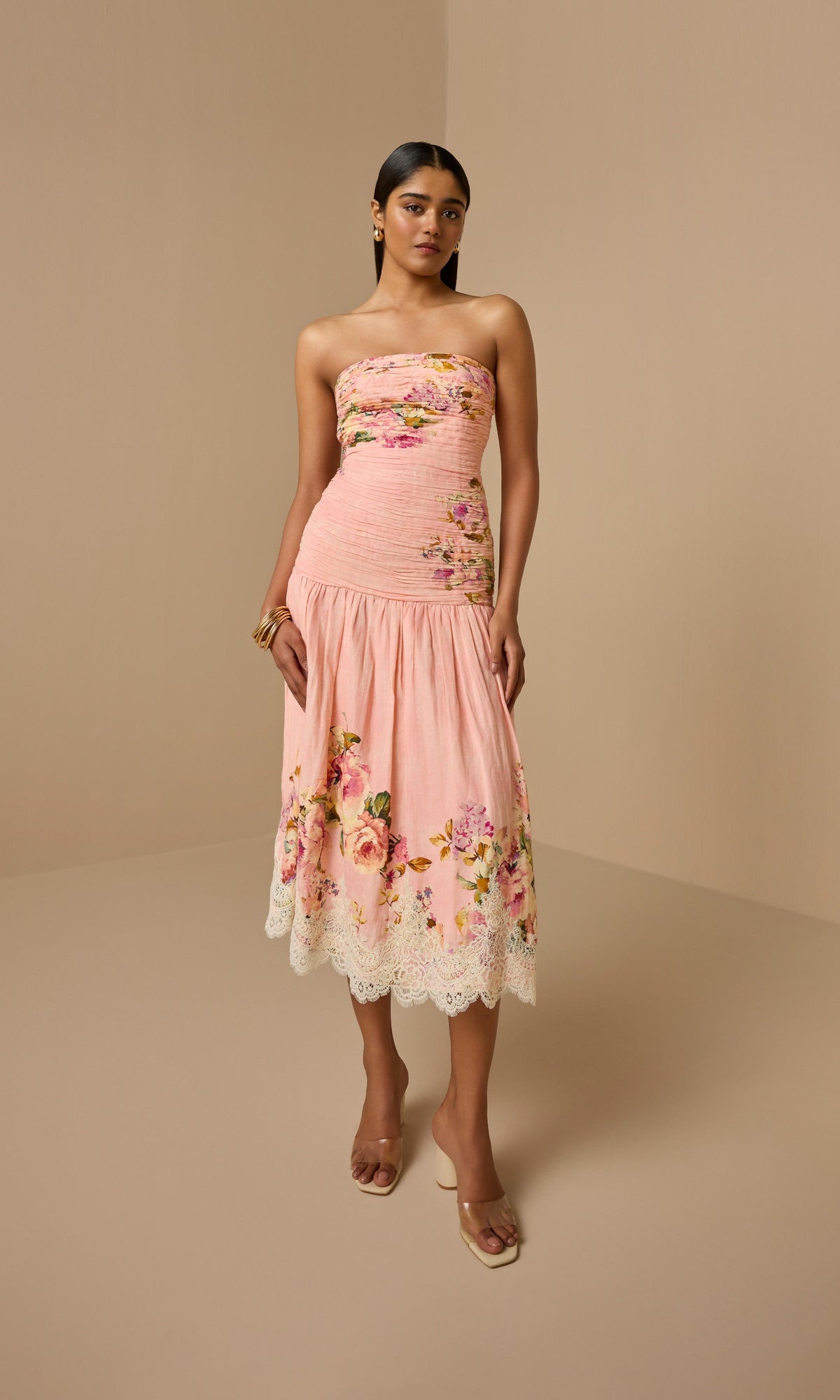 Womens | Niva Linen Cotton Ruched Midi Dress | Pink Floral