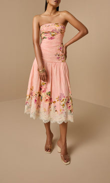 Womens | Niva Linen Cotton Ruched Midi Dress | Pink Floral