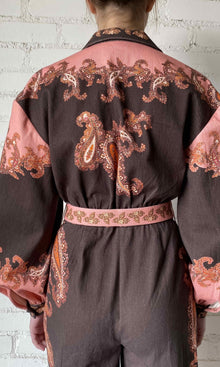 Hemant And Nandita | Omya Cotton Twill Jumpsuit With Buckle Belt | Brown Pink Multi