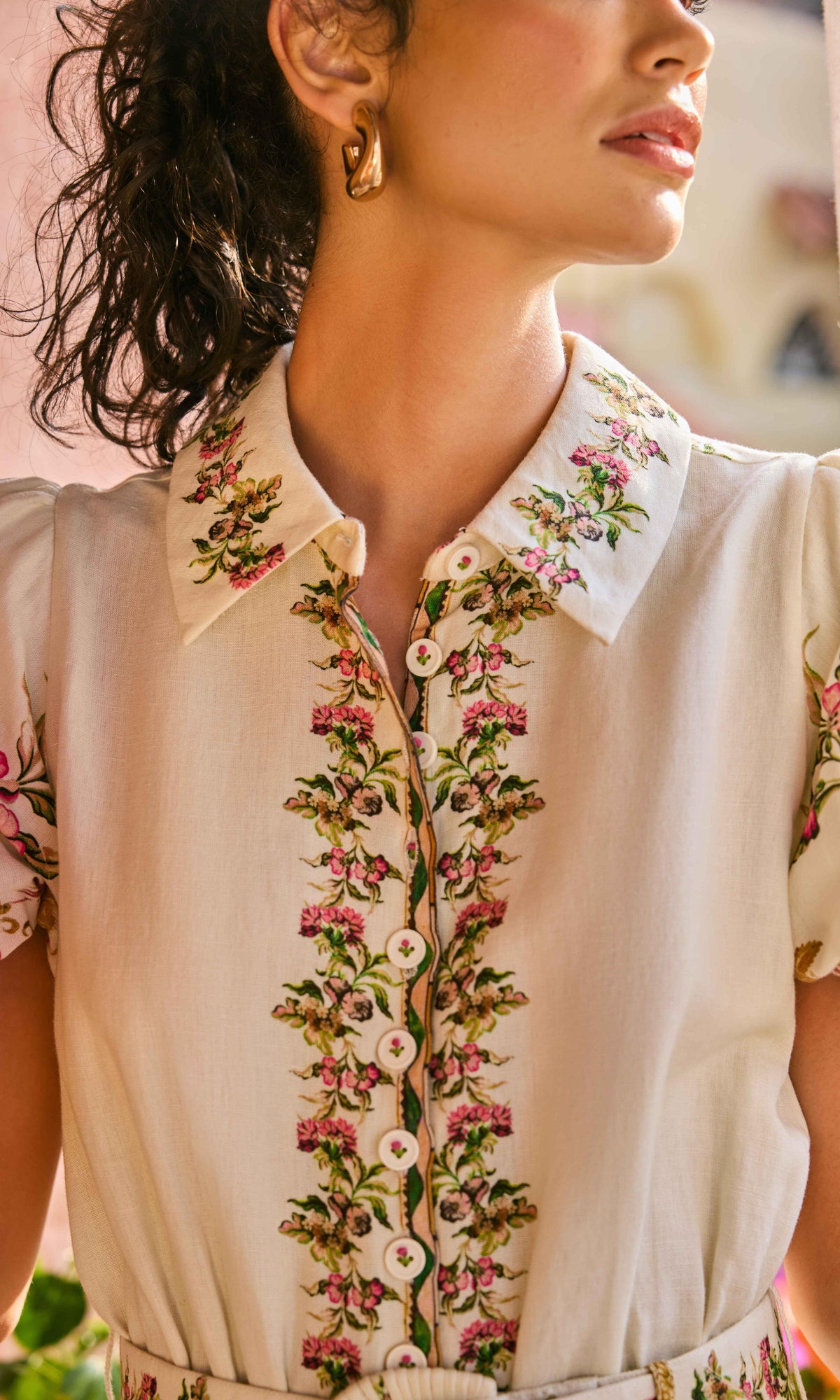 Hemant And Nandita | Pahi Linen Cotton Long Shirt Dress With Handcrafted Buttons And Belt | Offwhite Floral