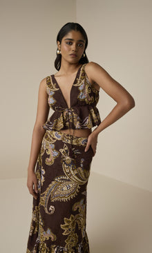 Hemant And Nandita | Reem Cotton Schiffli Peplum Top | Brown