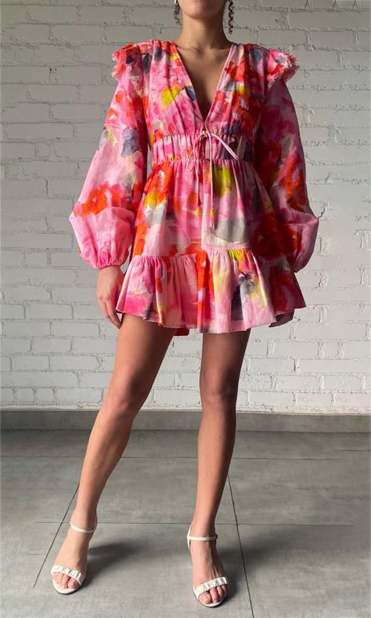 Hemant And Nandita | Rosa Linen Cotton Short Dress | Pink Floral