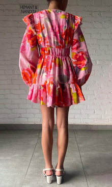 Hemant And Nandita | Rosa Linen Cotton Short Dress | Pink Floral