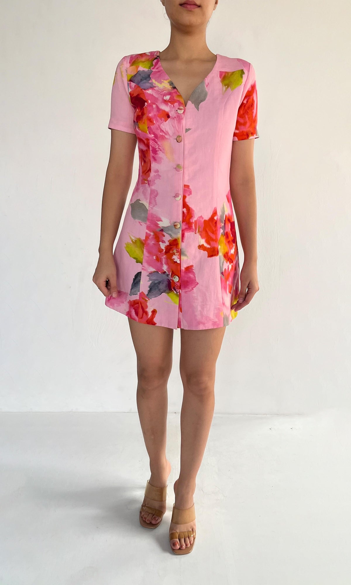 Hemant And Nandita | Rosa Cotton Linen Short Dress | Pink Multi