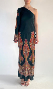 Womens | Ruza Polyester Satin One Shoulder Bias Maxi Dress | Green Multi