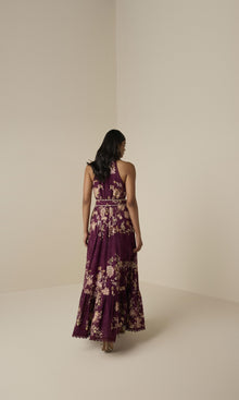 Hemant And Nandita | Savi Cotton Schiffli Long Shirt Dress With Buckle Belt | Burgundy Floral