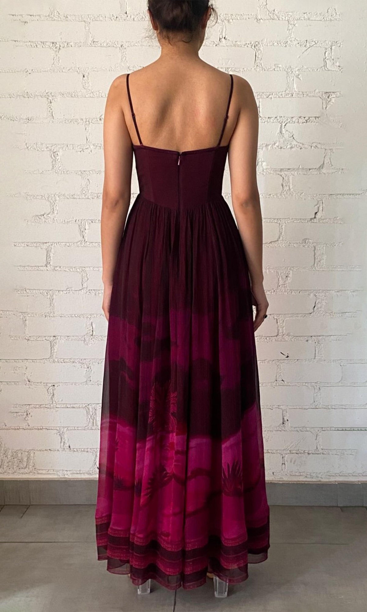 Hemant And Nandita | Soma Viscose Crinkle Chiffon Corsetted Long Dress | Burgundy