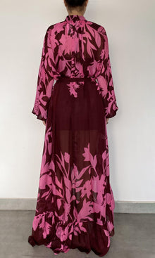 Hemant And Nandita | Tehr Viscose Flat Chiffon High Low Long Dress With Braided Belt And Slip | Black Magenta