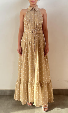 Hemant And Nandita | Tira Viscose Linen Organza Long Dress With Buckle Belt | Brown White