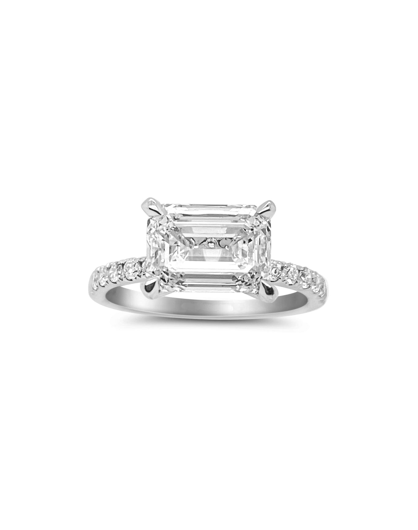 Horizontal LAB Emerald Cut Engagement Ring | 14K White Gold