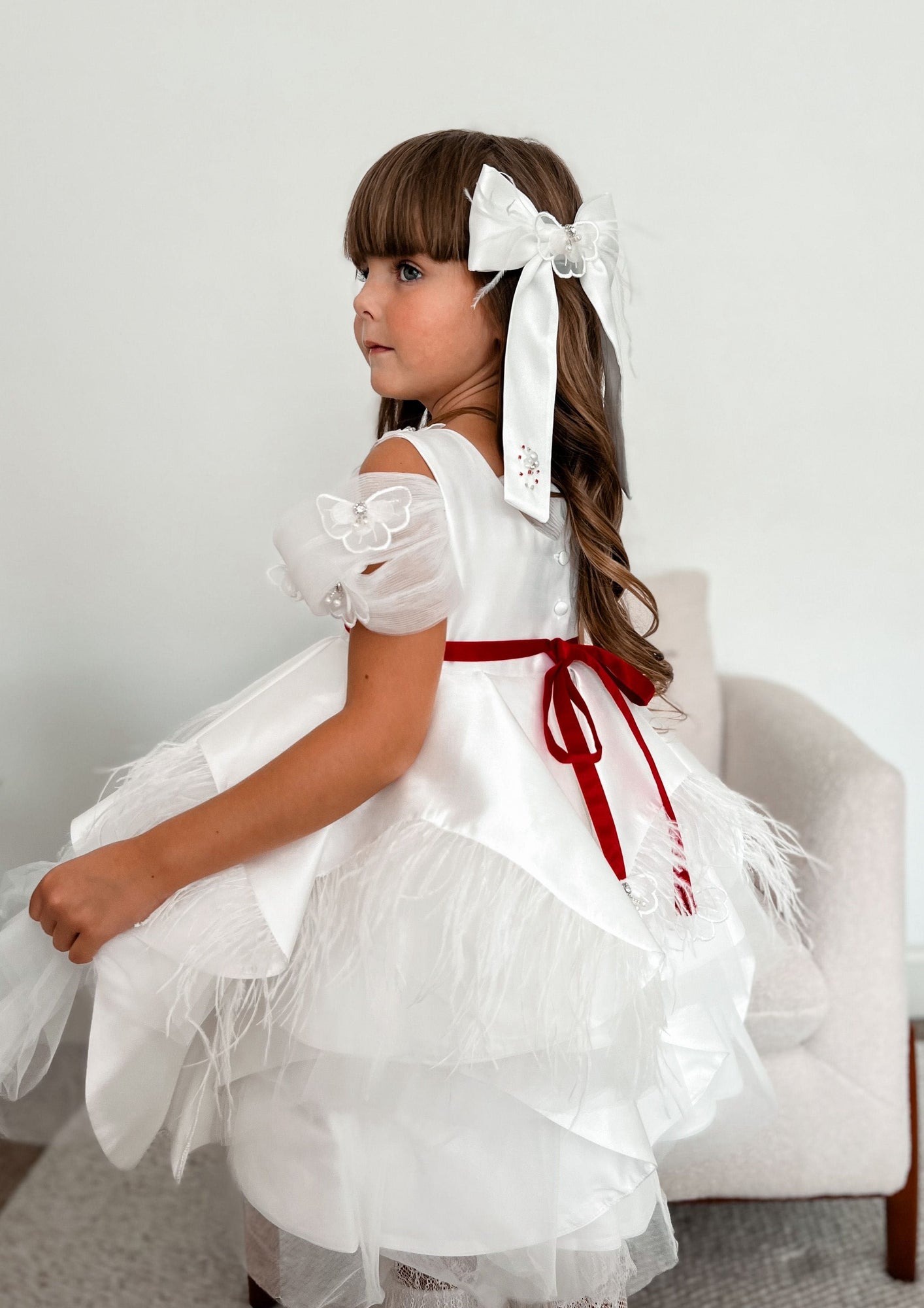 Constanza White Ceremony  Dress with Red Bow | Red