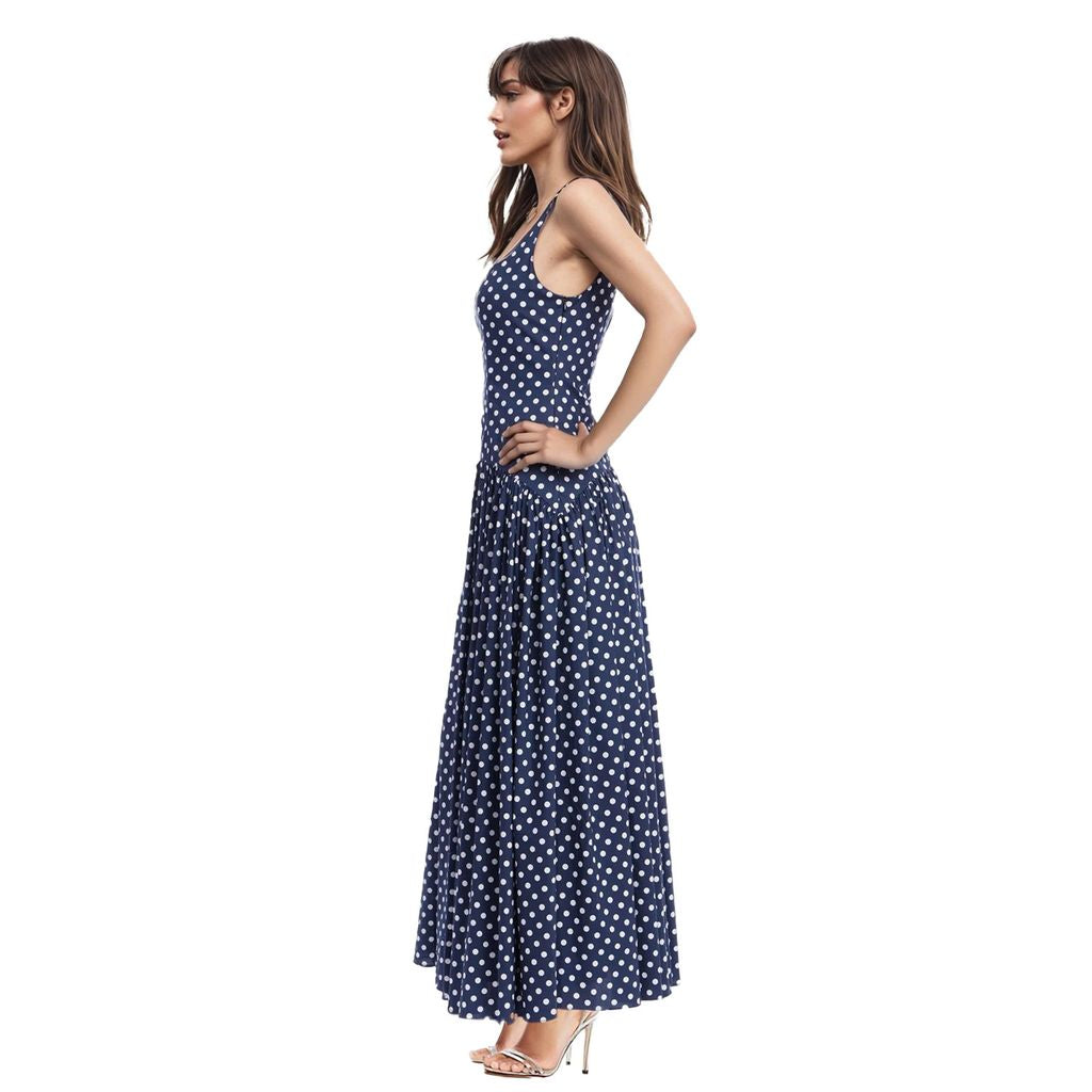 Jewel Badgley Mischka | Isla Polka Dot Drop Waist Maxi Dress | Midnight