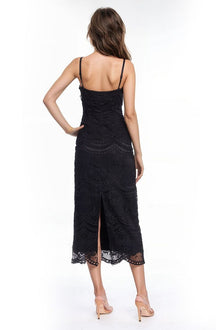 Jewel Badgley Mischka | Irene Black Lace Fitted Midi Dress | Black