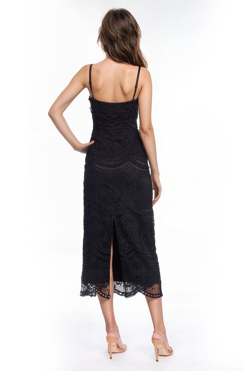 Jewel Badgley Mischka | Irene Black Lace Fitted Midi Dress | Black