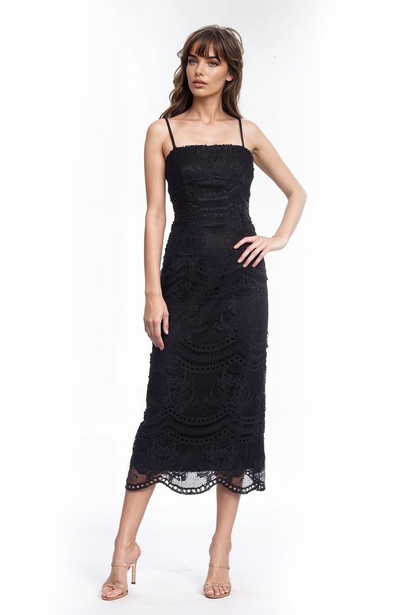Jewel Badgley Mischka | Irene Black Lace Fitted Midi Dress | Black