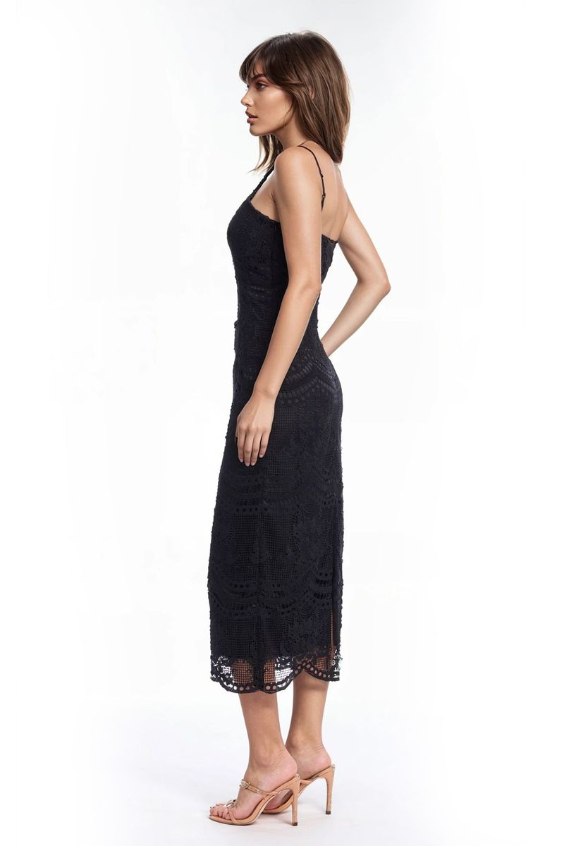 Jewel Badgley Mischka | Irene Black Lace Fitted Midi Dress | Black