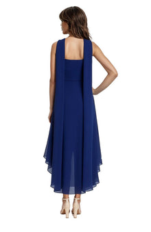 Jewel Badgley Mischka | Janie Square Neck Midi Dress with Chiffon Scarf Detail | Navy