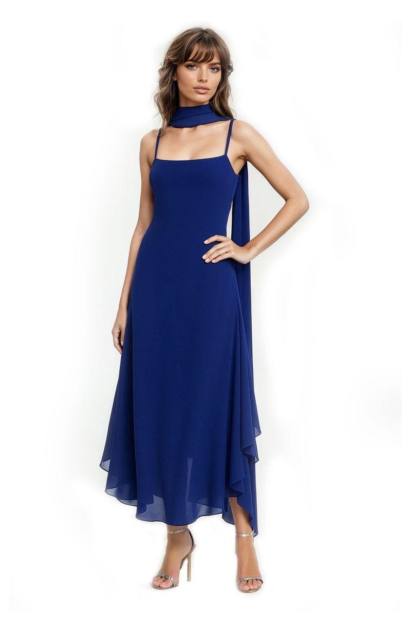 Jewel Badgley Mischka | Janie Square Neck Midi Dress with Chiffon Scarf Detail | Navy