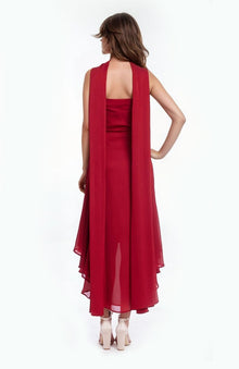 Jewel Badgley Mischka | Janie Square Neck Midi Dress with Chiffon Scarf Detail | Red
