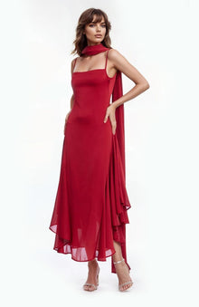 Jewel Badgley Mischka | Janie Square Neck Midi Dress with Chiffon Scarf Detail | Red