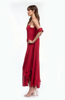 Jewel Badgley Mischka | Janie Square Neck Midi Dress with Chiffon Scarf Detail | Red