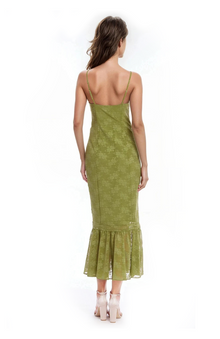 Jewel Badgley Mischka | Josie Floral Jacquard Midi Dress with Ruffle Hem | Green