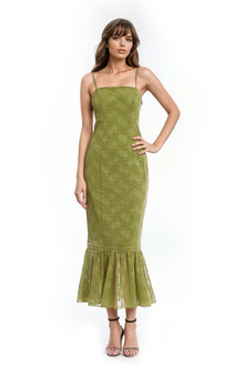 Jewel Badgley Mischka | Josie Floral Jacquard Midi Dress with Ruffle Hem | Green
